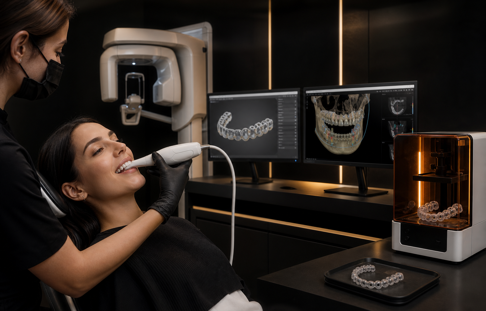 Integrated digital dental workflow with intraoral scanner, CBCT tomography, planning screens and 3D printer