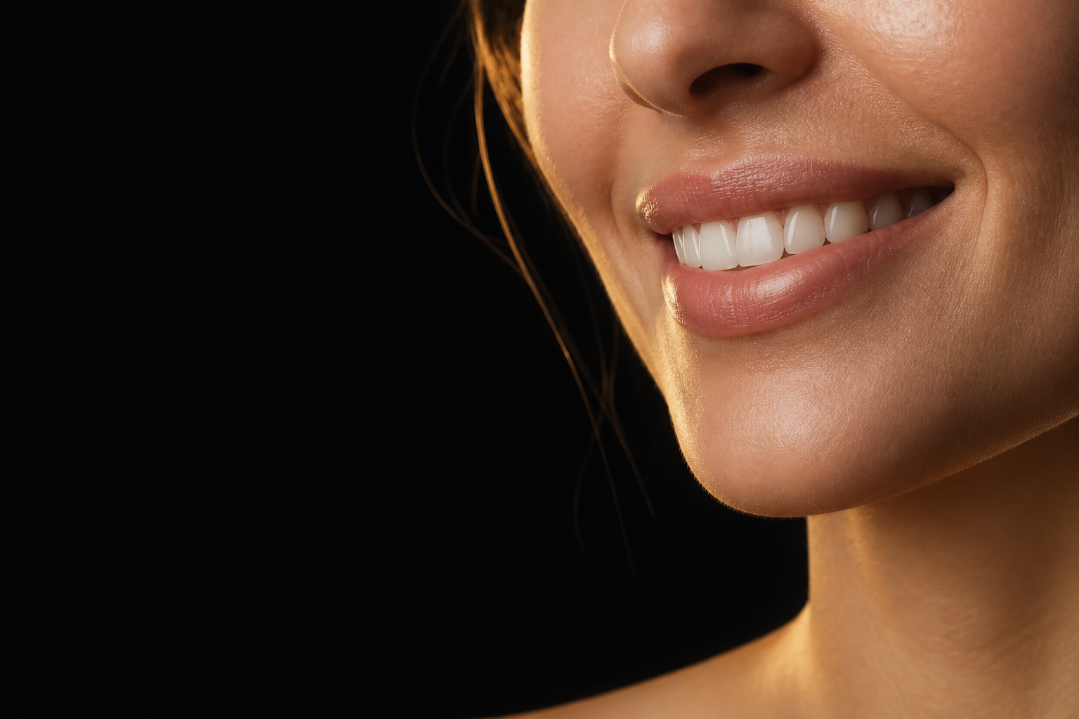 Sorriso feminino com dentes alinhados e lábios harmônicos